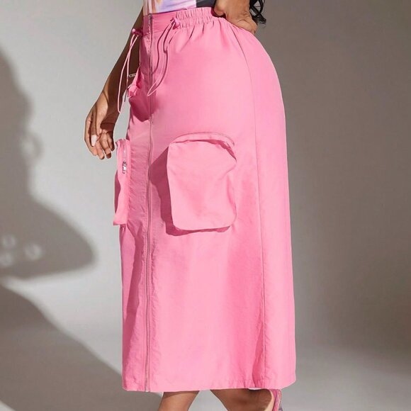 Pink Casual Womens Drawstring Waist Zip Up Pocket Patched Skirt - Picture 4 of 5